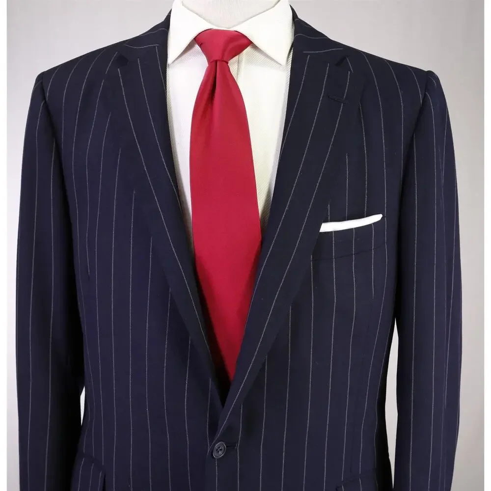 Leonard Logsdail Savile Row Bespoke Navy Blue Chalkstripe 2-Btn Wool Suit 42R